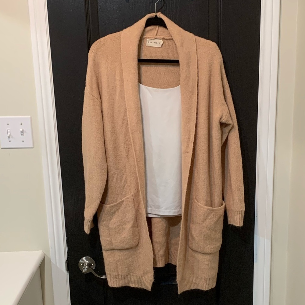 Dreamers Tan Open-Front Cardigan with Pockets